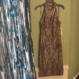 Elegant Gold Sequin Halter Dress